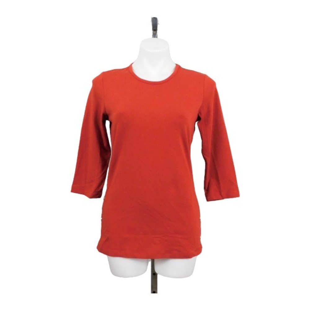 Denim & Co. Essentials 3/4 Sleeve Round Neck Top Buttons, Red, X-Small
